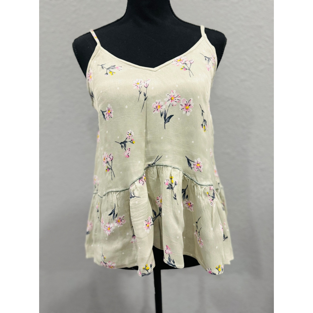 En Crème Floral Ruffle Hem Spaghetti Strap Top - Sz L, NWT